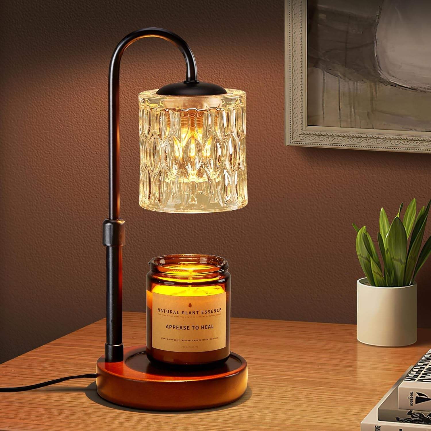 Dimmable candle warmer lamp with walnut wood base and adjustable timer