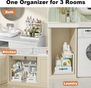under Sink Organizer, Pull Out Cabinet Organizer 2 Tier Slide Out Sink Shelf Cabinet Storage Shelves, under Sink Storage for Kitchen Bathroom Cabinet, White, 1 Pack