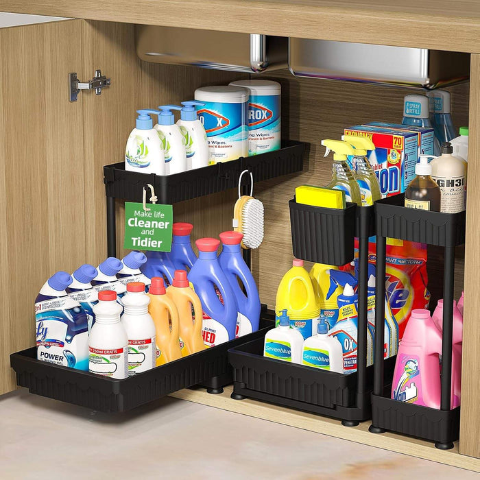 3 pack black 2-tier L-shaped multi-purpose pull-out storage organizers under sink for bathroom and kitchen