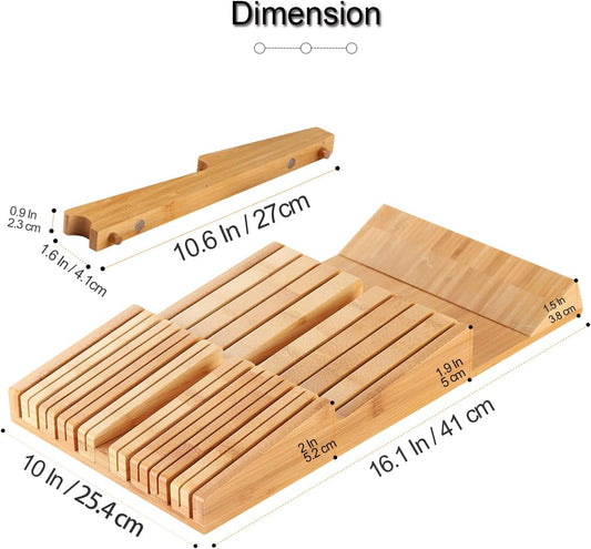 Bamboo In-Drawer Knife Block Set for 16 Knives(Not Included), Large Kitchen Detachable Washable Cutlery Slot Organizer Storage Holder for Sharpening Steel and Cutter