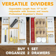 Bamboo Drawer Dividers with Inserts and Labels, Kitchen Adjustable Drawer Organizers, Expandable Organization for Home, Office, Dressers, 4 Dividers with 9 Inserts (17"-22" Natural)