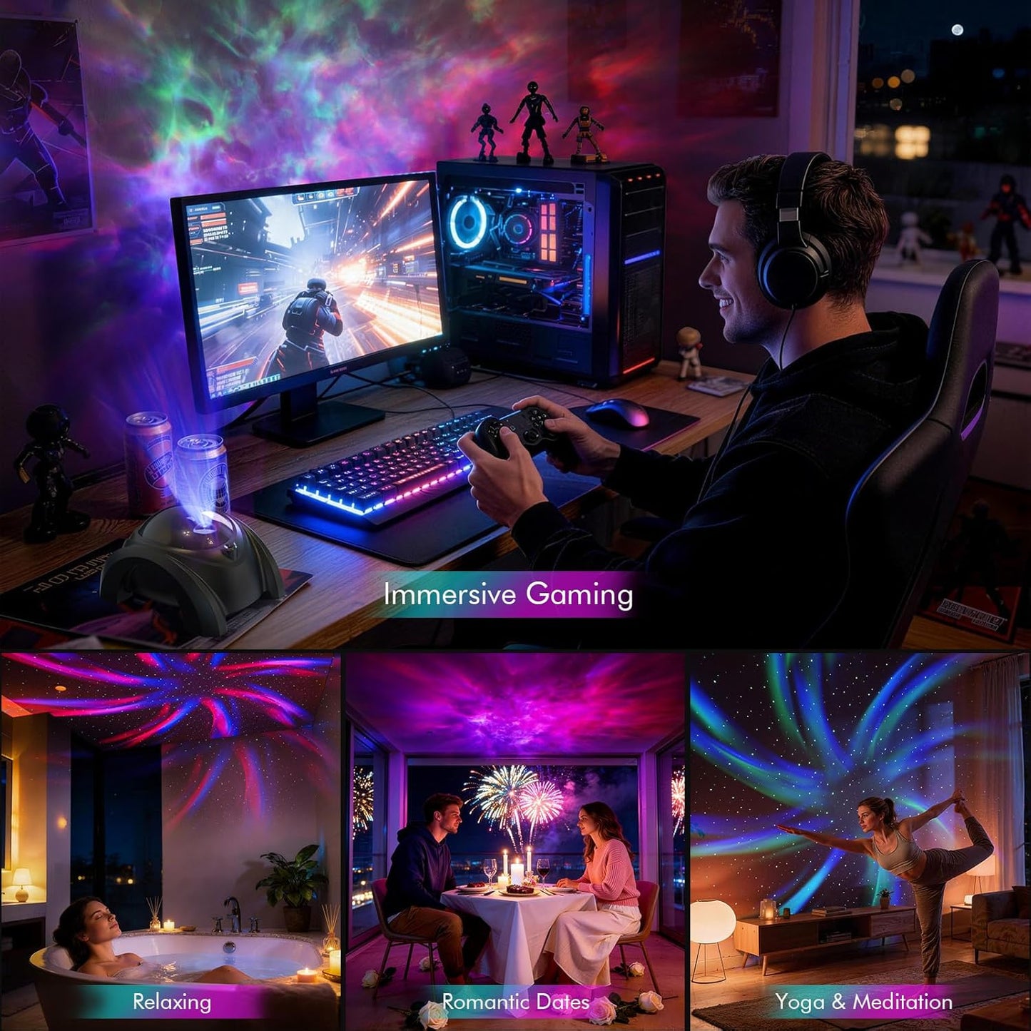 Dual Lens Galaxy Projector, Star Projector for Bedroom with 58 Light Effects, Night Light Projector with White Noise & Bluetooth Speaker, Remote Timer, Room Decor Gift for Kids Adults Teens
