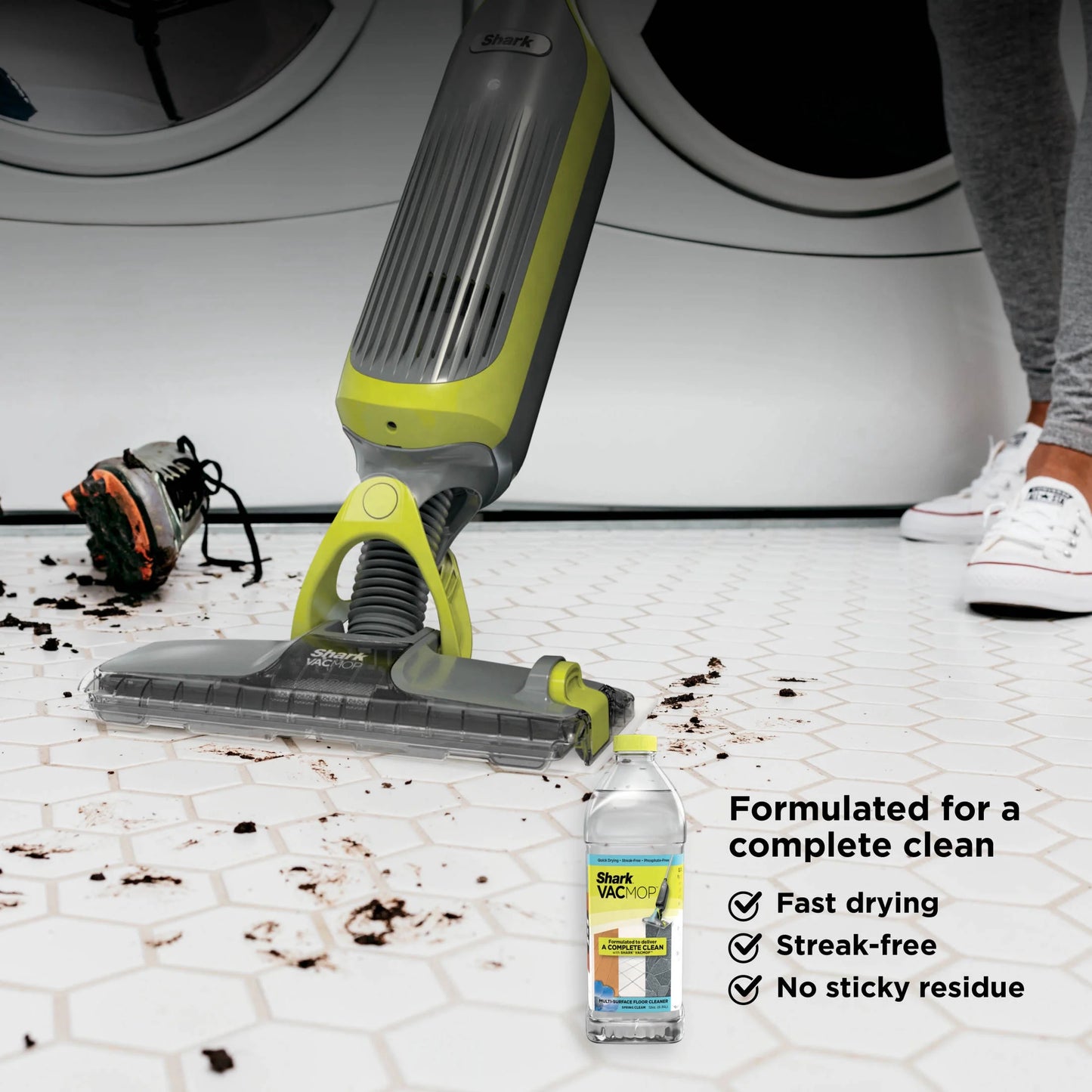 VACMOP Cordless Hard Floor Vacuum Mop, for Tile, Vinyl, Laminate, Wood, with (4) Disposable VACMOP Pads, 12-Oz  Multi-Surface Cleaner, VM200