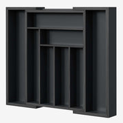 Black bamboo expandable drawer organizer with multiple compartments for utensils and small items