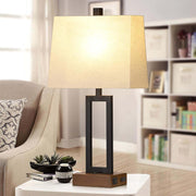Table Lamp for Bedroom Set of 2 with 2 USB Ports and AC Power Outlet, 23.5" Modern Bedside Lamp, Wood Nightstand Lamp with Linen Shade for Living Room Hotel Desk(Led Bulb Included)