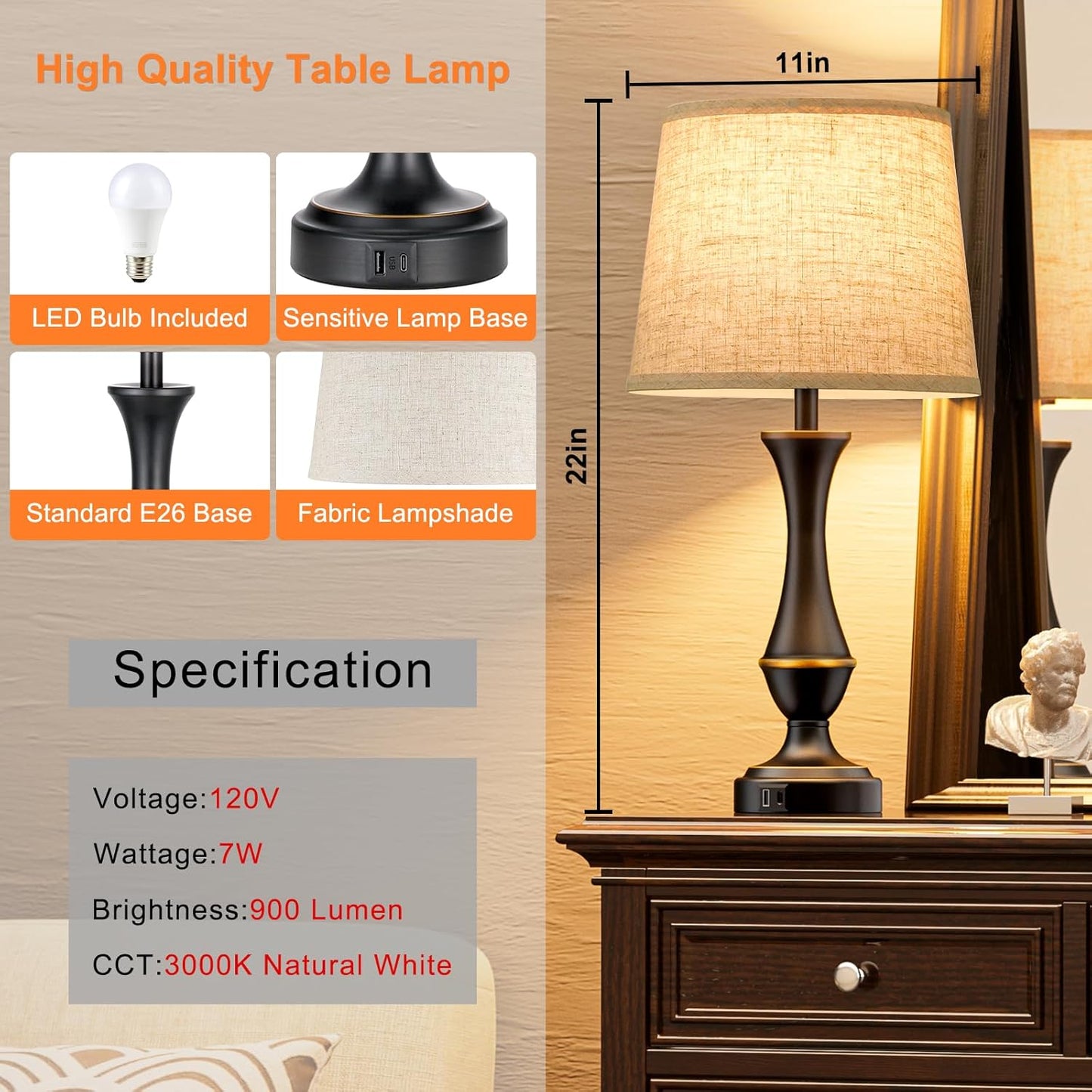 Upgraded Touch Lamps for Night Stands Set of 2 - Bedside Lamps with USB C+A, 3 Way Dimmable for Bedroom Living Room End Tables Office | Touch Control, Dimmable, USB C+A Charging Ports, LED Bulb Included, Corded, Bedside Lamp, Bedroom Lamp, Living Room Office