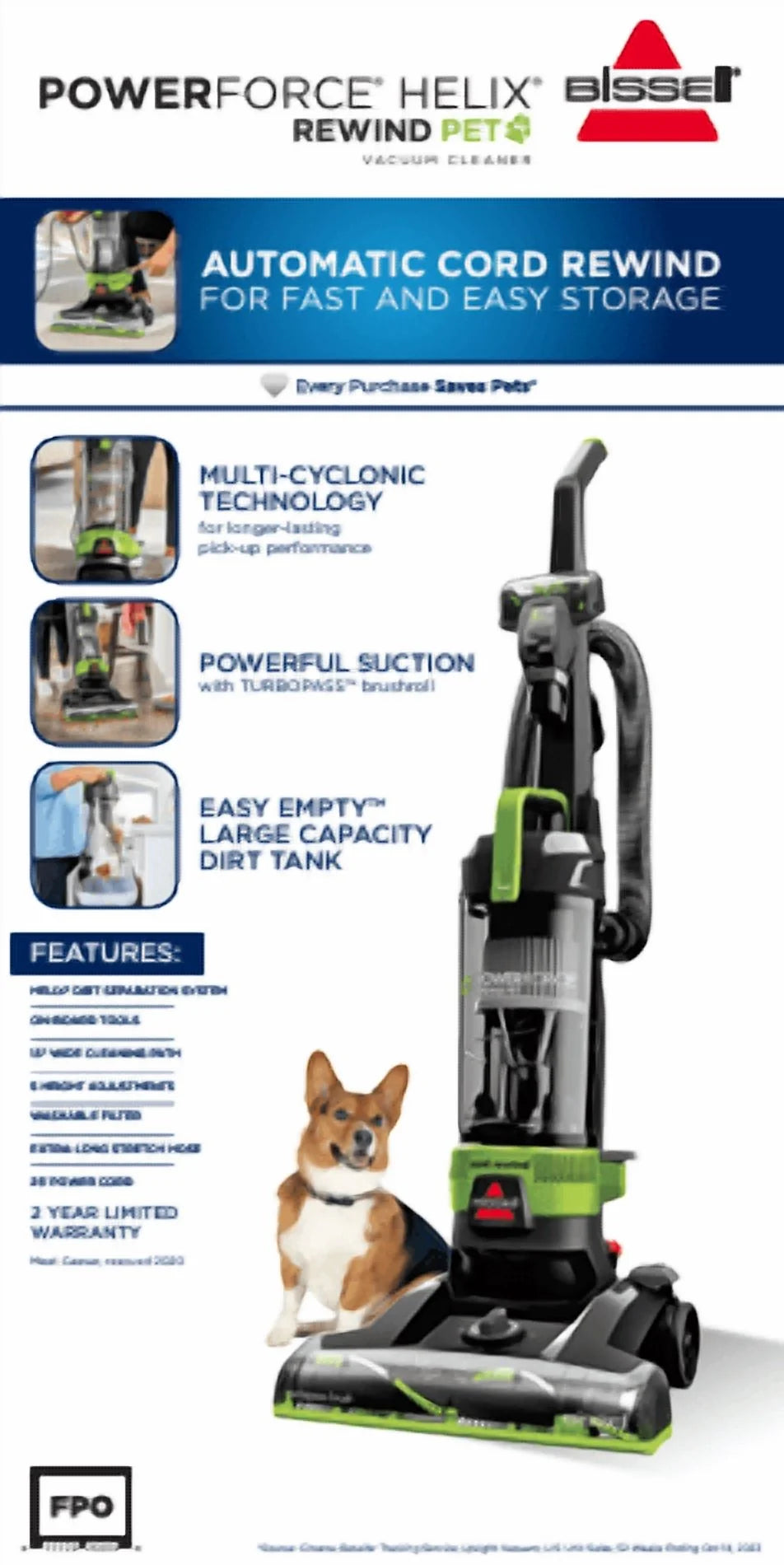 Powerforce Helix Turbo Rewind Pet, Upright Vacuum, Pet Friendly, Automatic Cord Rewind, Powerful Pet Hair Pickup, Extra-Wide Cleaning Path, 3333, Black & Green