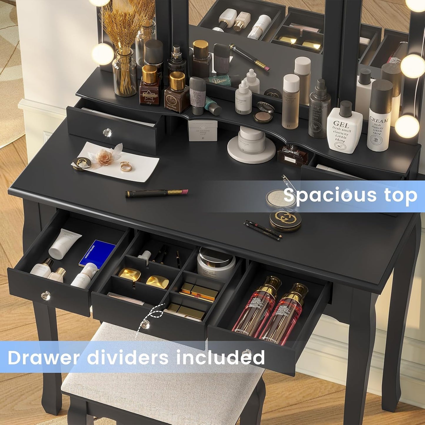 Vanity Desk, Makeup Vanity with Lighted Tri-Fold Mirror and Stool, Vanity Set with 5 Drawers, 3 Light Settings & Adjustable Brightness, Black