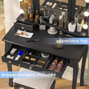 Vanity Desk, Makeup Vanity with Lighted Tri-Fold Mirror and Stool, Vanity Set with 5 Drawers, 3 Light Settings & Adjustable Brightness, Black
