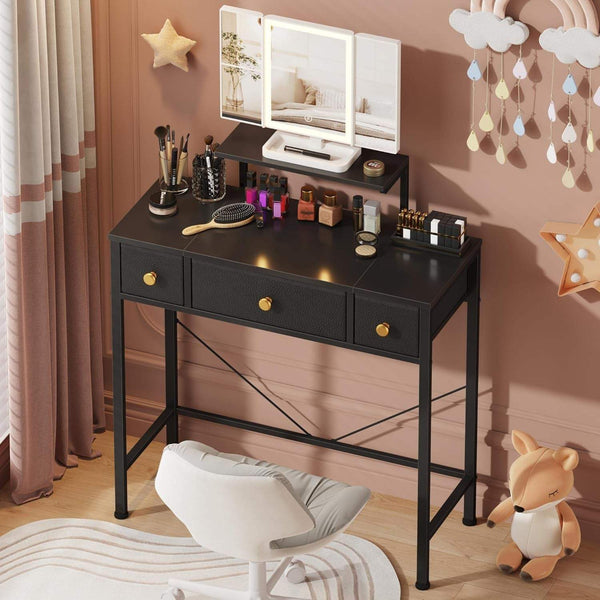 Small Makeup Vanity Desk  | USB Lighted Mirror, Height-Adjustable Stand, Black