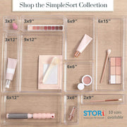 Simplesort 6-Piece Stackable Clear Drawer Organizer Set | 9" X 3" X 2" Rectangle Trays | Narrow Makeup Vanity Storage Bins and Office Desk Drawer Dividers | Made in USA