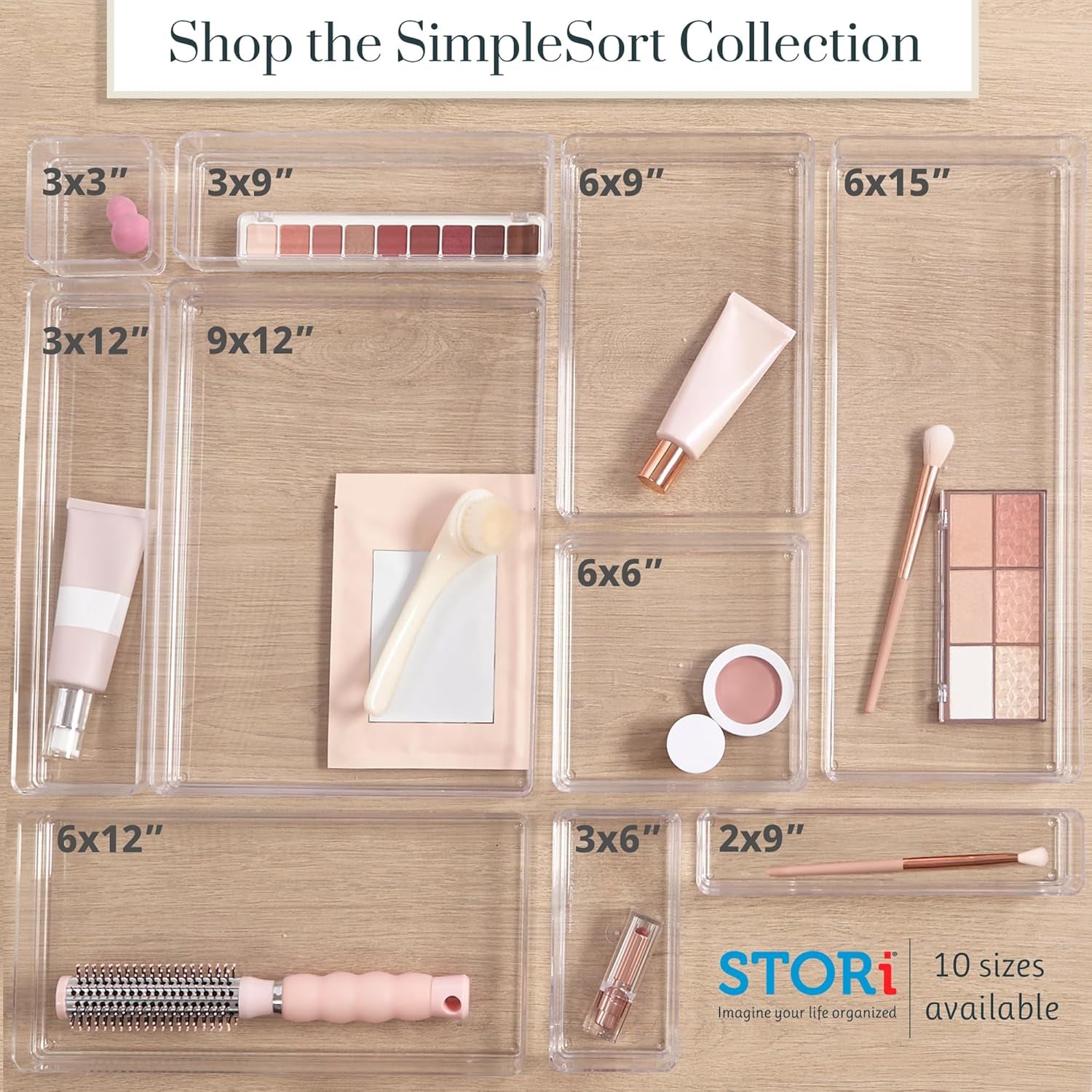 Simplesort 6-Piece Stackable Clear Drawer Organizer Set | 9" X 3" X 2" Rectangle Trays | Narrow Makeup Vanity Storage Bins and Office Desk Drawer Dividers | Made in USA