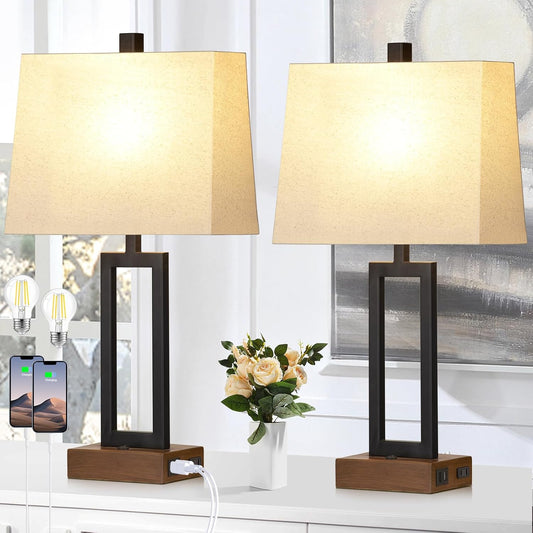Table Lamp for Bedroom Set of 2 with 2 USB Ports and AC Power Outlet, 23.5" Modern Bedside Lamp, Wood Nightstand Lamp with Linen Shade for Living Room Hotel Desk(Led Bulb Included)
