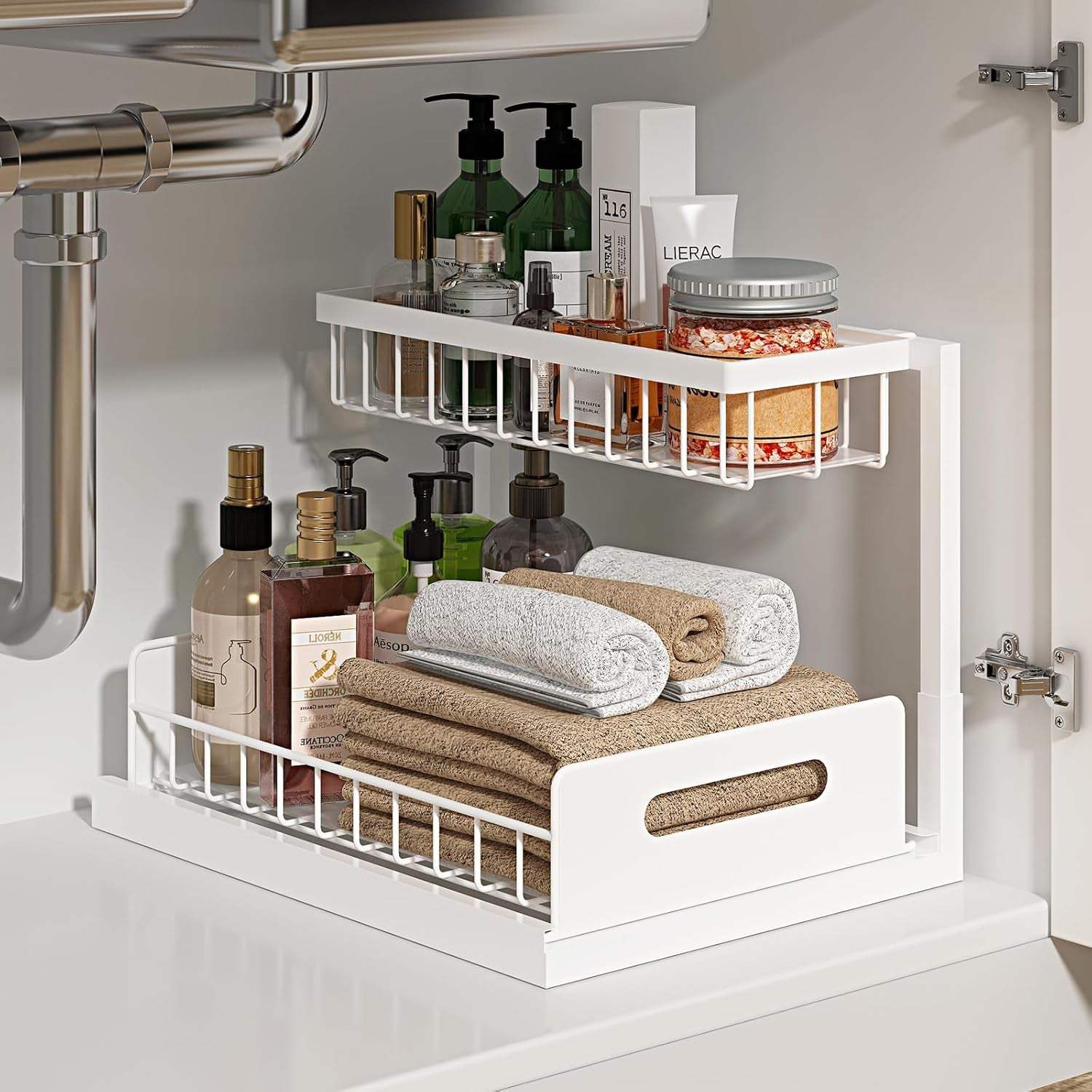 White 2-tier under sink organizer with pull-out sliding shelves for kitchen or bathroom cabinet storage