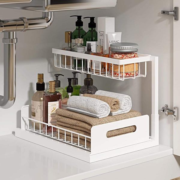 under Sink Organizer, Pull Out Cabinet Organizer 2 Tier Slide Out Sink Shelf Cabinet Storage Shelves, under Sink Storage for Kitchen Bathroom Cabinet, White, 1 Pack