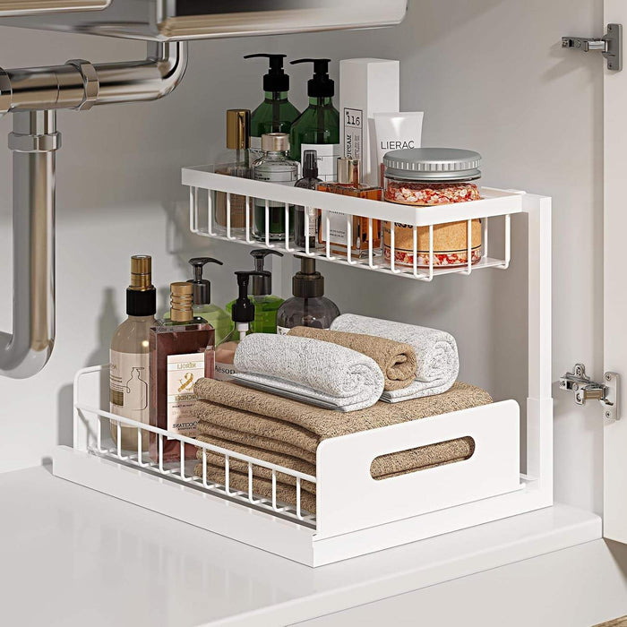 White 2-tier under sink organizer with pull-out sliding shelves for kitchen or bathroom cabinet storage