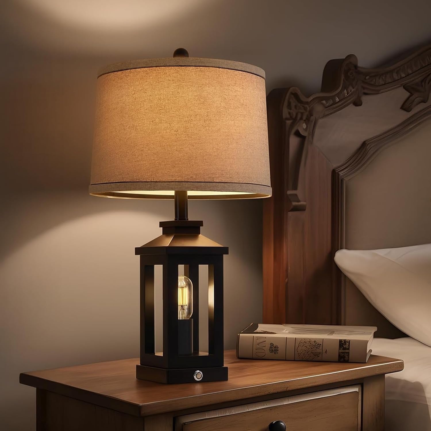 23.75" Retro Farmhouse Black Table Lamp for Living Room Bedroom Nightstand Single Pack Touch Control Bedside Nightlight Vintage Modern Lamp with USB C+A Ports and 2 Light Sources