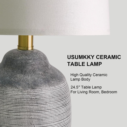 24.5" Vintage Ceramic Table Lamp with 5FT Cord,Single Farmhouse Rustic Bedside Lamp with Natural Textured Finish, Nightstand Lamps for Living Room, Bedroom End Table Office Rustic Black & Gray