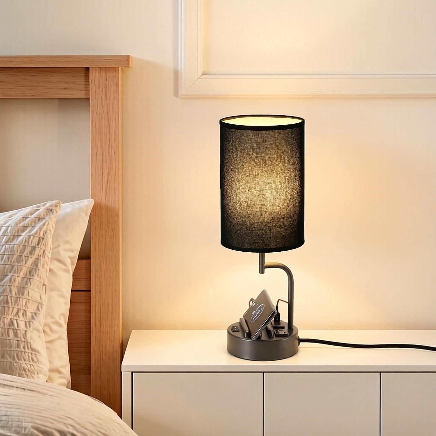 Table Lamp with 3 USB Charging Ports, Modern Desk Lamp with AC Outlet and Phone Stands, Perfect Bedside Lamp for Bedroom, Living Room, Office (Pack of 2), Black