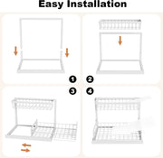 under Sink Organizer, Pull Out Cabinet Organizer, 2 Tier Metal Slide Out Shelf with L Shaped Design for Kitchen, Bathroom, Laundry, and Utility Cabinet Storage for Deep Cabinets, White, 2 Pack