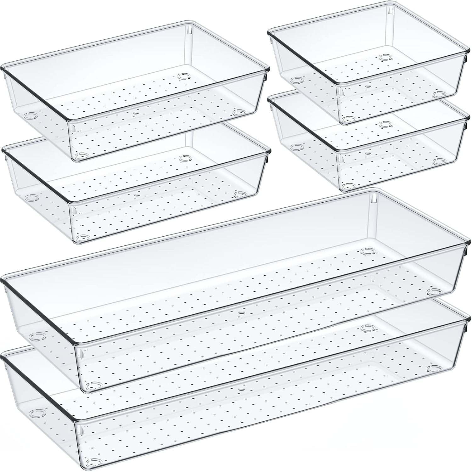 Large size clear drawer organizer set with 6 acrylic non-slip trays for kitchen storage