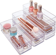 Simplesort 6-piece clear stackable drawer organizer set neatly arranging office and household items in drawers