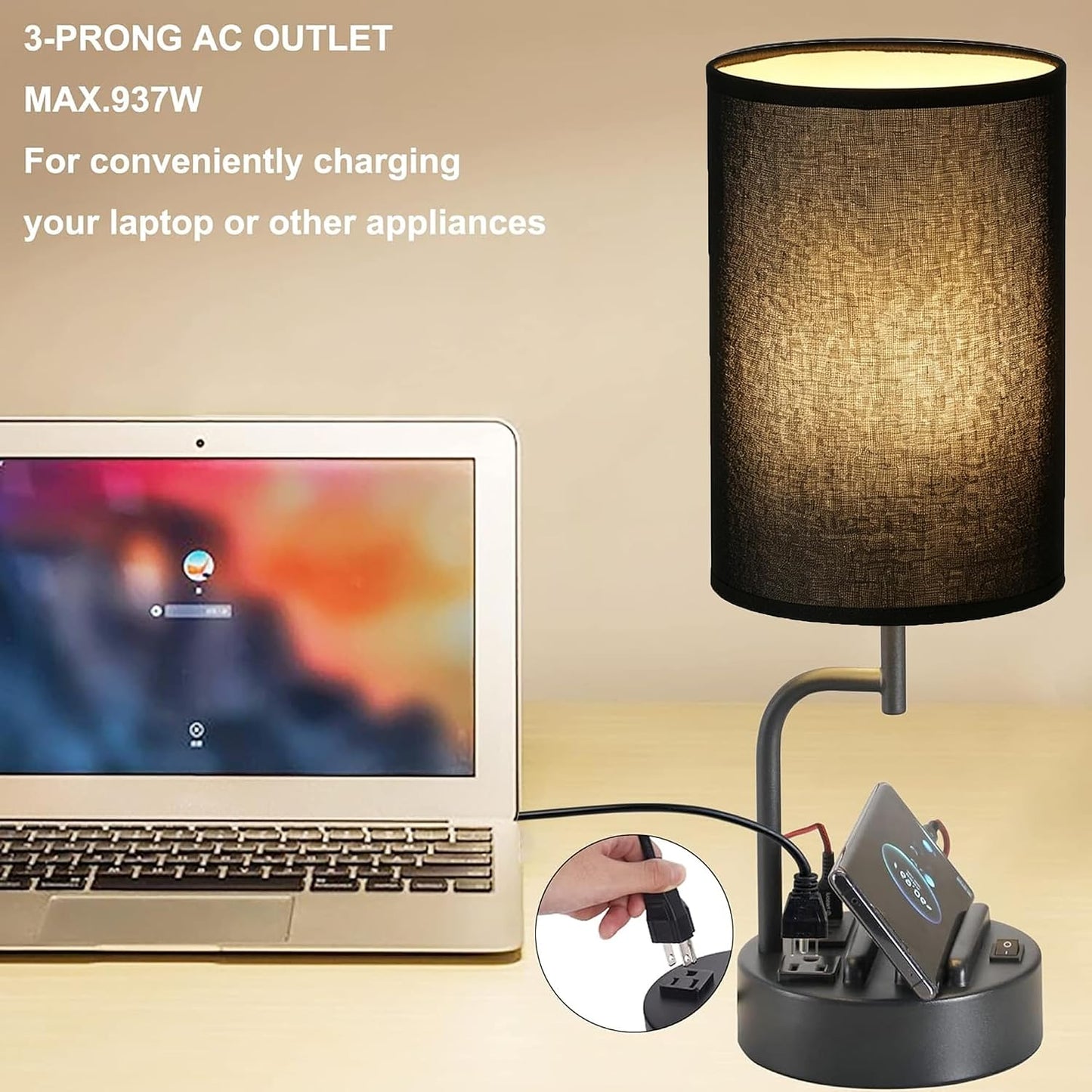 Table Lamp with 3 USB Charging Ports, Modern Desk Lamp with AC Outlet and Phone Stands, Perfect Bedside Lamp for Bedroom, Living Room, Office (Pack of 2), Black