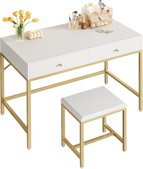 Modern Makeup Vanity with Padded Stool, Small Computer Desk Home Office Desk for Writing Study Bedroom