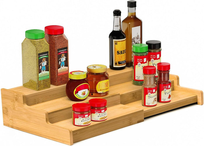 3-tier expandable bamboo spice rack organizer with adjustable shelves and natural finish