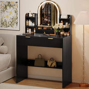 Makeup Vanity Desk with Mirror and Lights, Black Vanity Table with 2 Drawers & Open Storage Shelves, Fluted Vanity Bedroom Makeup Dressing Table Set for Women Girls