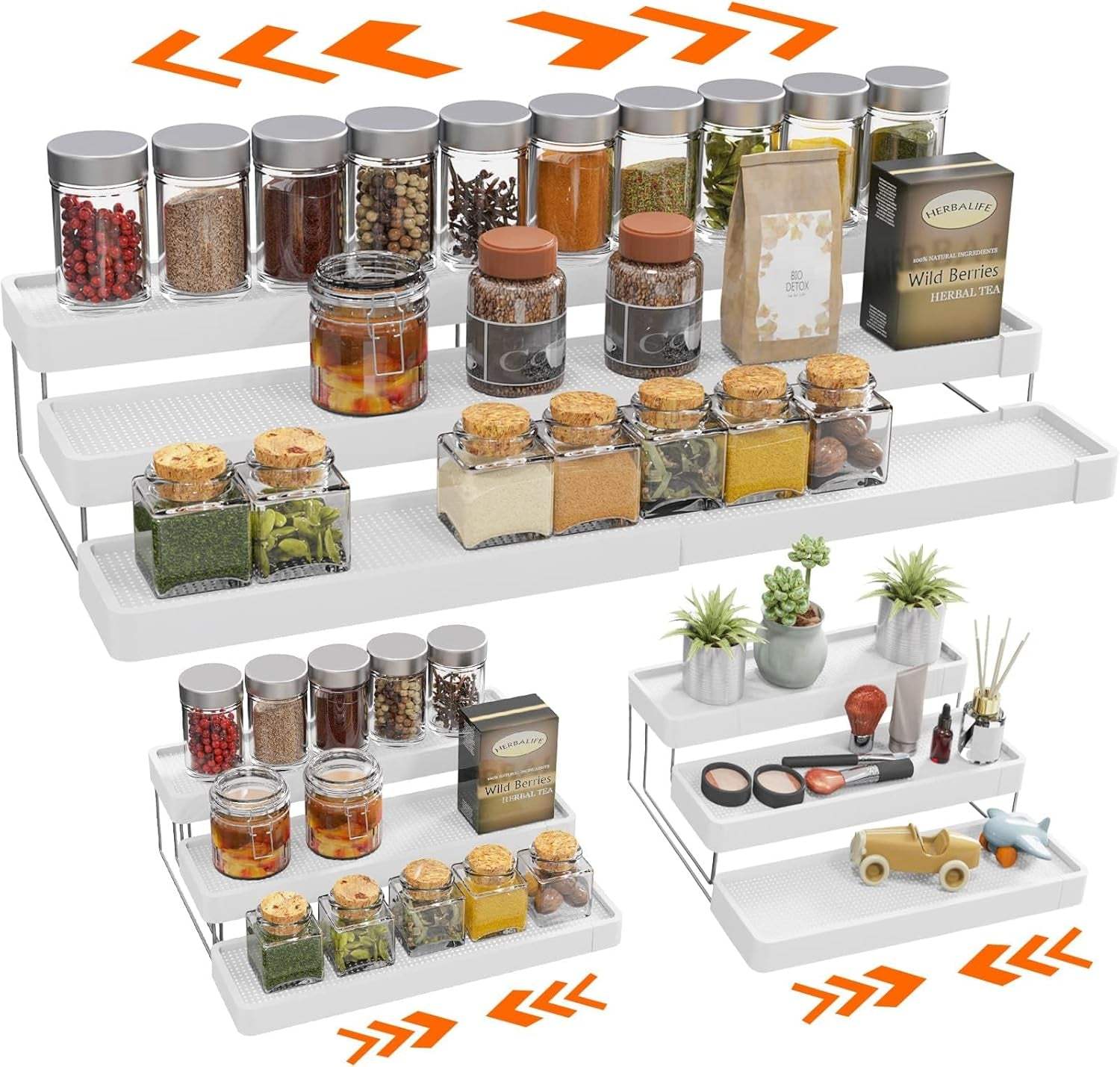 Expandable 3-tier spice rack organizer adjustable up to 21 inches for cabinet storage