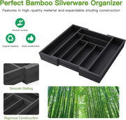 Bamboo Expandable Drawer Organizer for Utensils Holder, Adjustable Cutlery Tray, Wood Drawer Dividers Organizer for Silverware, Flatware, Knives in Kitchen, Bedroom, Living Room (Black)