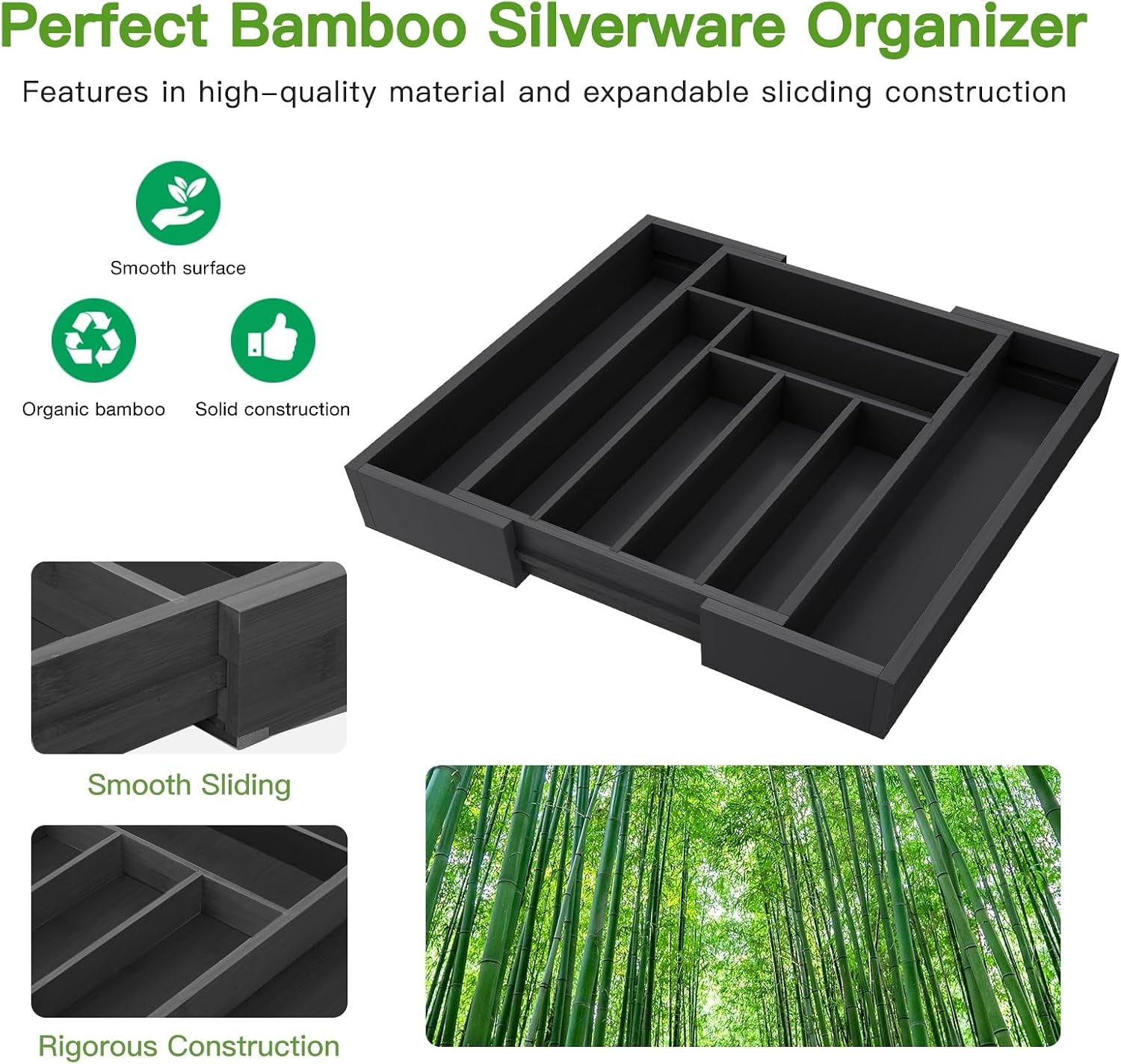 Bamboo Expandable Drawer Organizer for Utensils Holder, Adjustable Cutlery Tray, Wood Drawer Dividers Organizer for Silverware, Flatware, Knives in Kitchen, Bedroom, Living Room (Black)