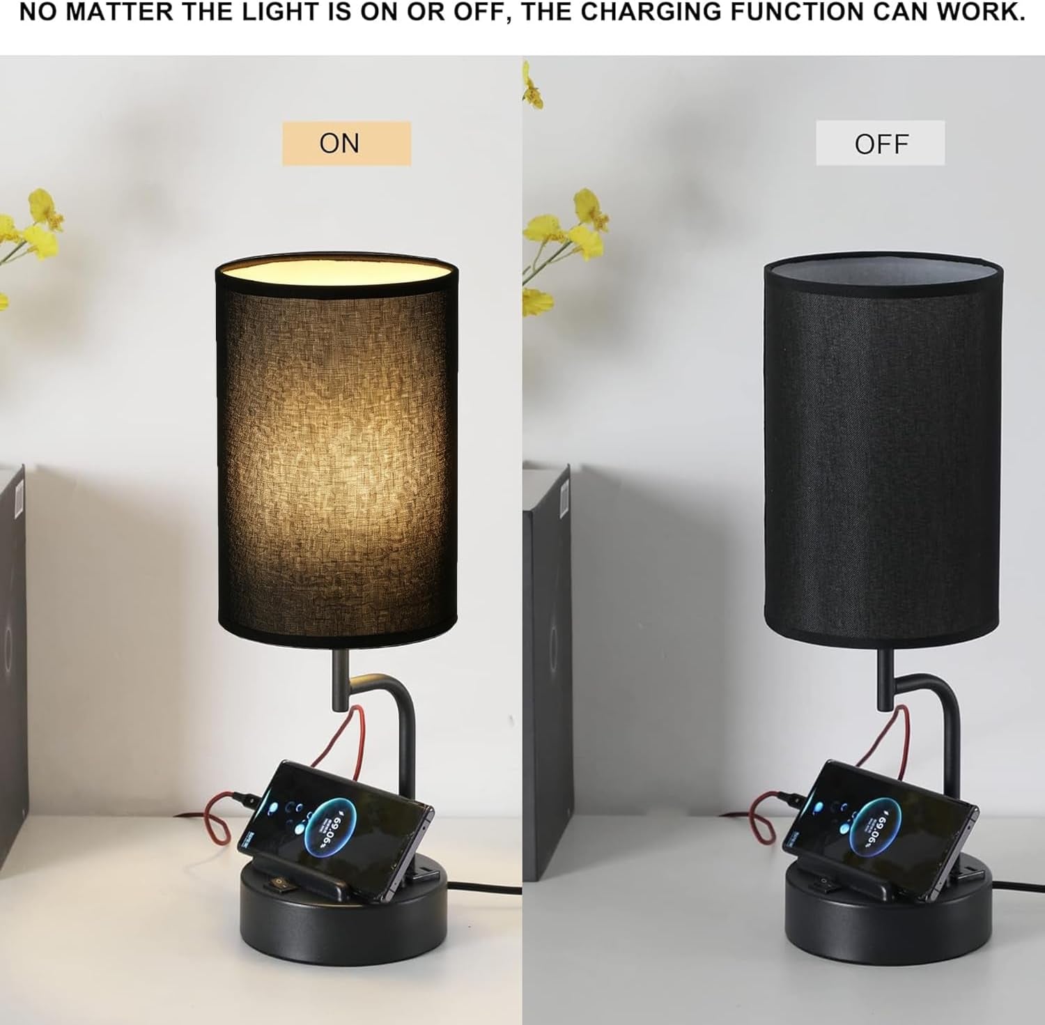 Table Lamp with 3 USB Charging Ports, Modern Desk Lamp with AC Outlet and Phone Stands, Perfect Bedside Lamp for Bedroom, Living Room, Office (Pack of 2), Black