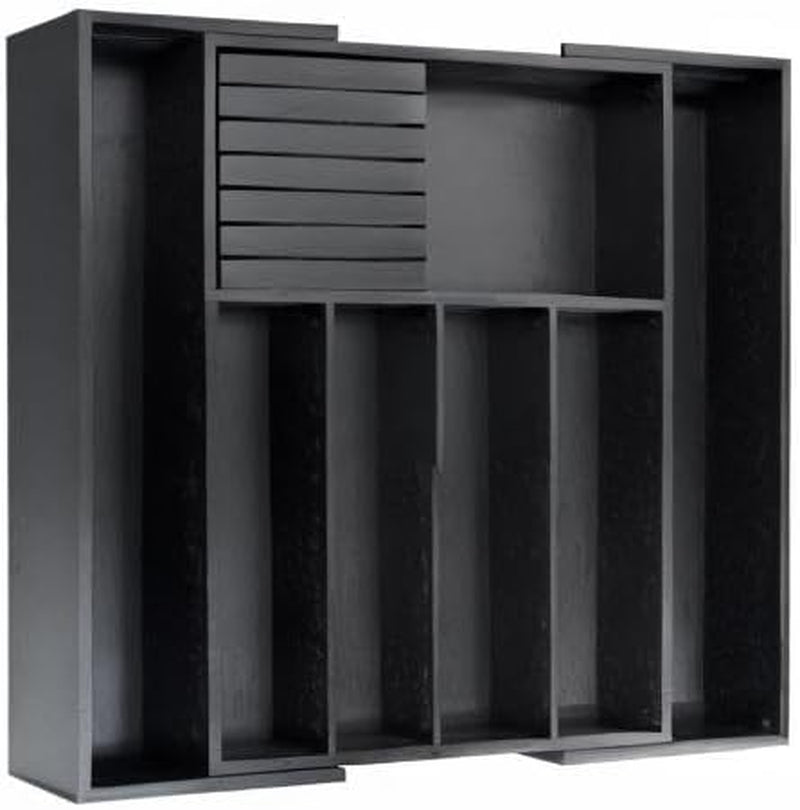 Bamboo Silverware Drawer Organizer Kitchen, Expandable Utensil Organizer with Knife Block, Cutlery Tray with Divider, Multifunctional Drawer Organizer (Black)