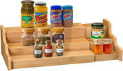 Expandable bamboo spice rack kitchen cabinet organizer with multiple shelves for jars and bottles