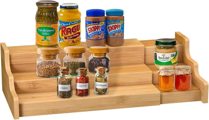 Expandable bamboo spice rack kitchen cabinet organizer with multiple shelves for jars and bottles