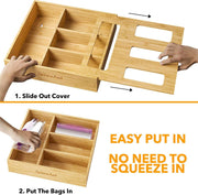 Bag Storage Organizer for Kitchen Drawer, Bamboo Organizer, Compatible with Gallon, Quart, Sandwich and Snack Variety Size Bag (1 Box 4 Slots)