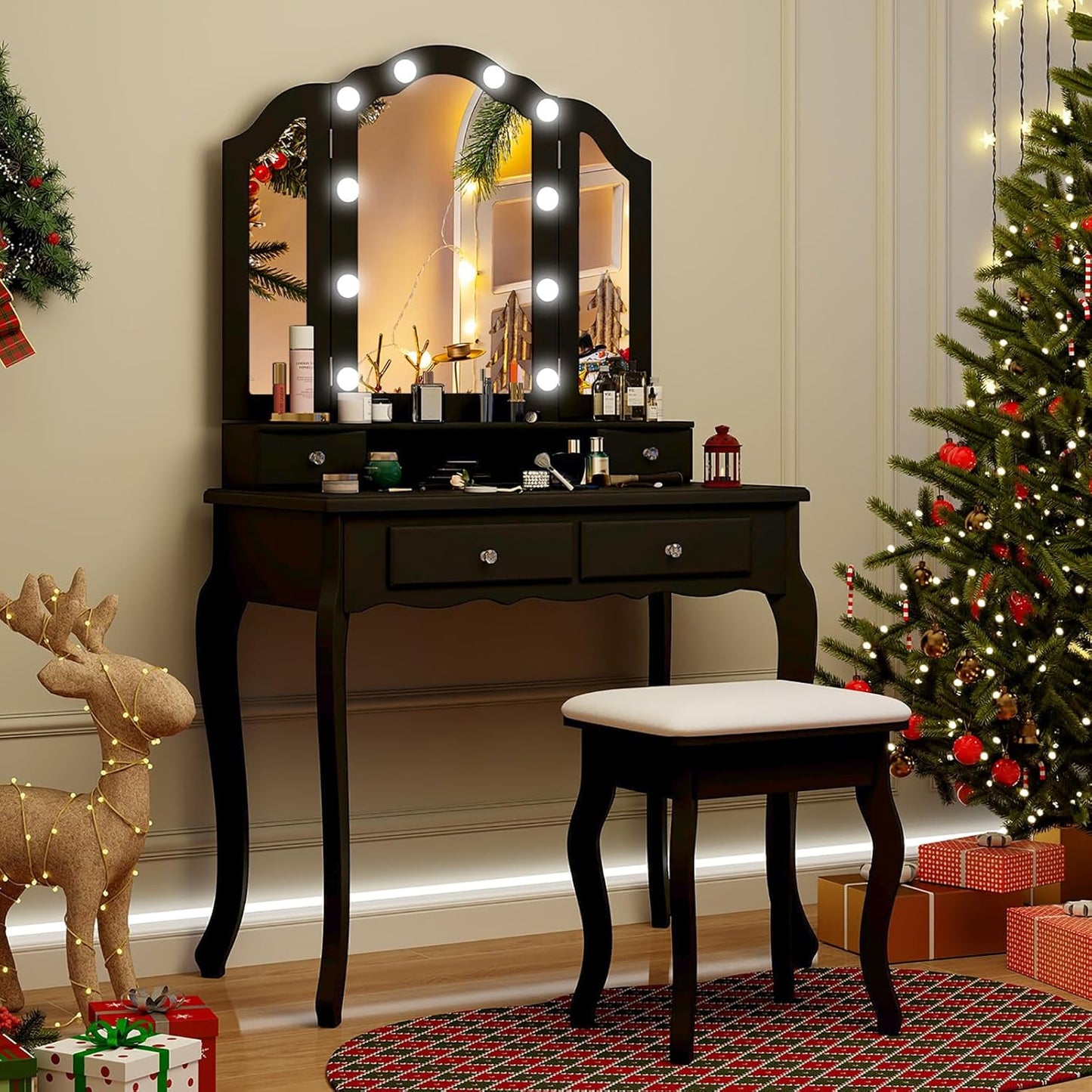 Vanity Desk with Lights - Makeup Vanity Table with Tri-Fold Mirror, 10 Adjustable Hollywood LED Lights, 4 Storage Drawers, Bedroom Makeup Dressing Table with Lighted Mirror and Stool (Black)