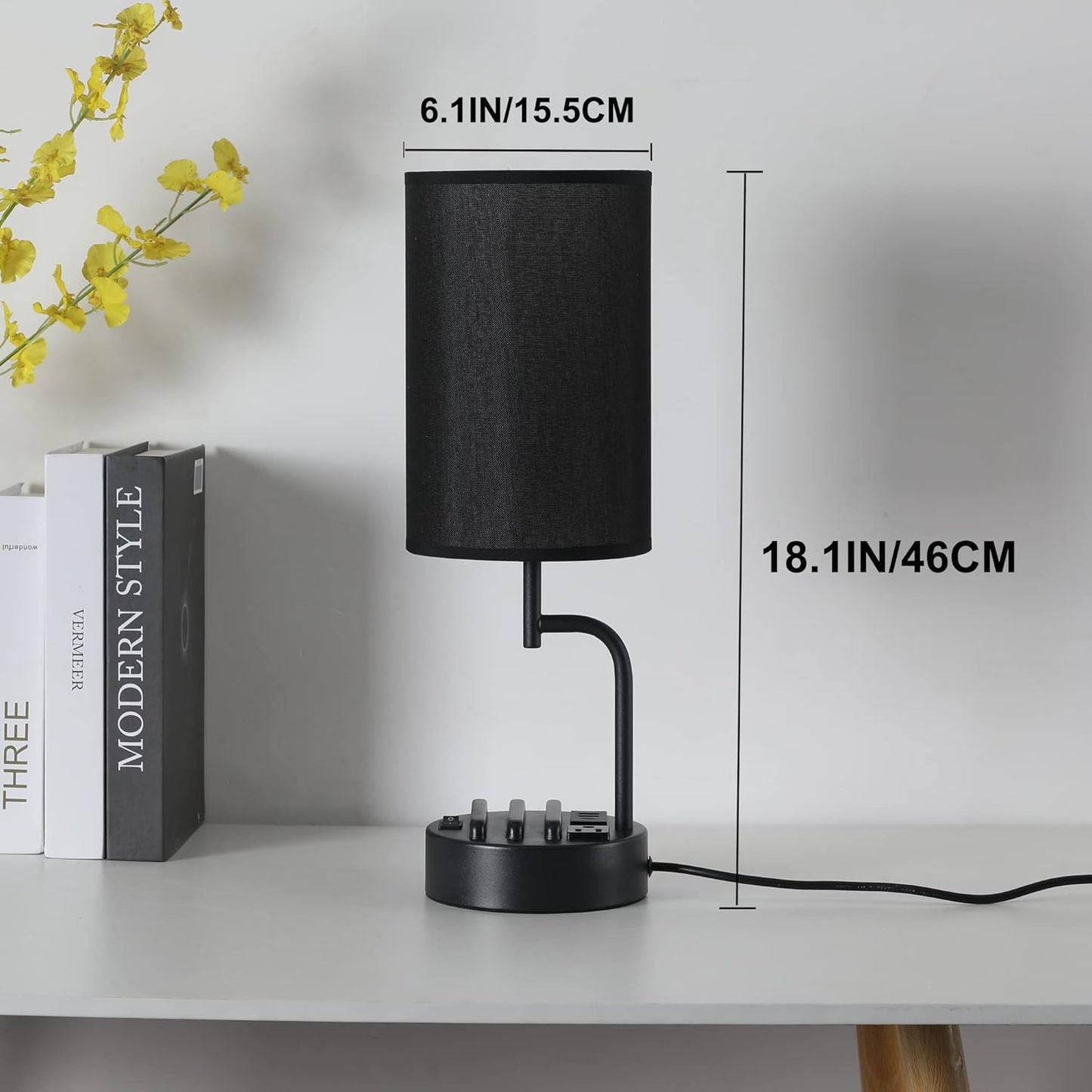 Table Lamp with 3 USB Charging Ports, Modern Desk Lamp with AC Outlet and Phone Stands, Perfect Bedside Lamp for Bedroom, Living Room, Office (Pack of 2), Black
