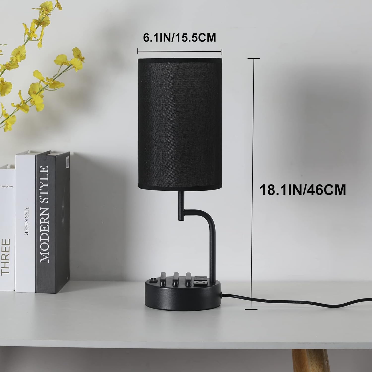 Table Lamp with 3 USB Charging Ports, Modern Desk Lamp with AC Outlet and Phone Stands, Perfect Bedside Lamp for Bedroom, Living Room, Office (Pack of 2), Black