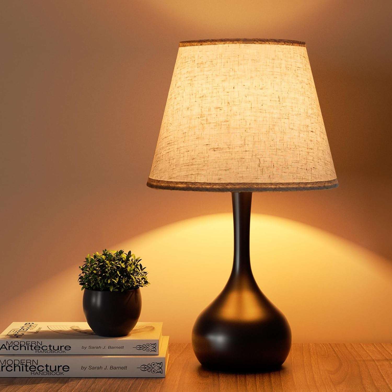 17.32 inch touch bedside lamp with 3-way dimmable fabric shade on black metal base for bedroom and office use