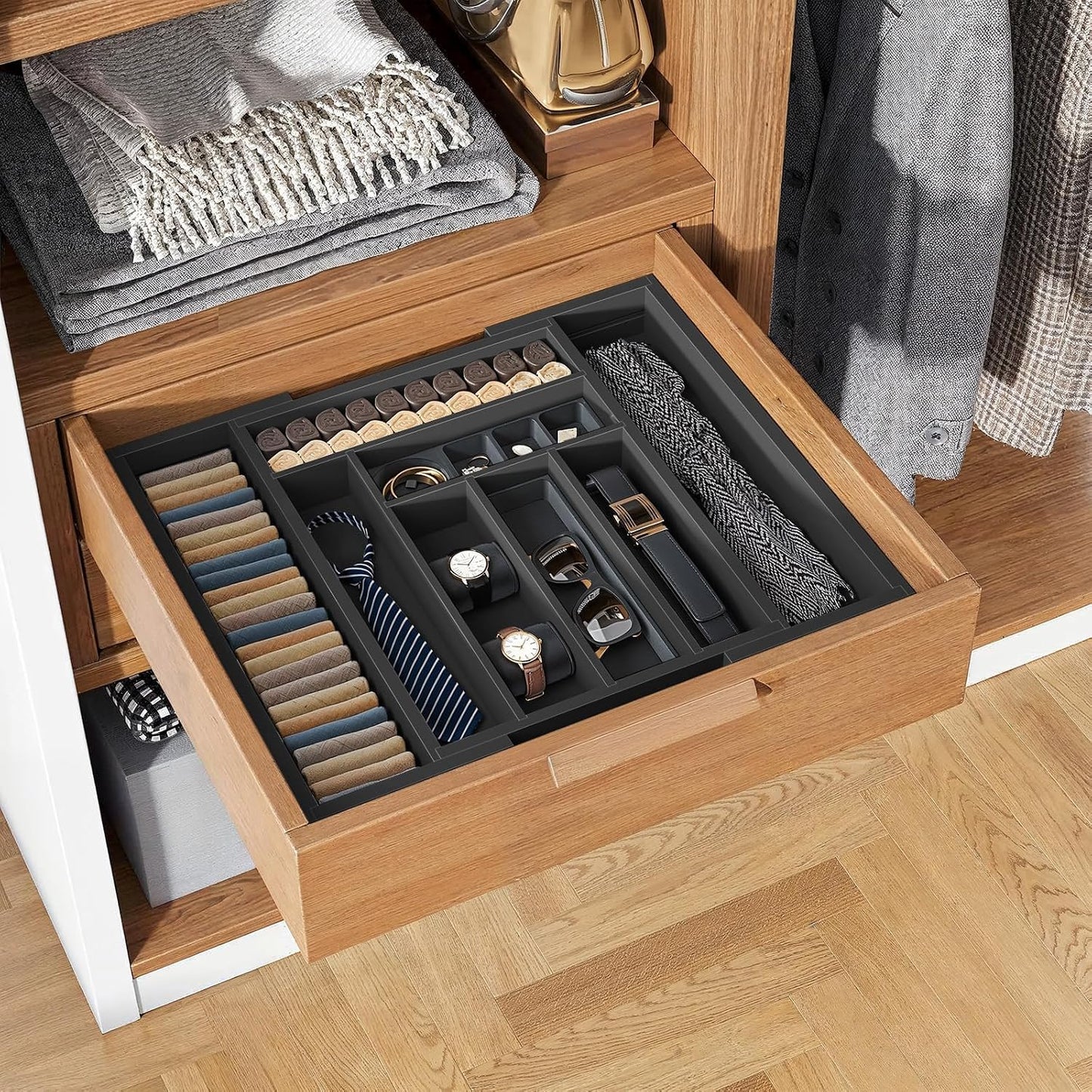 Bamboo Expandable Drawer Organizer for Utensils Holder, Adjustable Cutlery Tray, Wood Drawer Dividers Organizer for Silverware, Flatware, Knives in Kitchen, Bedroom, Living Room (Black)