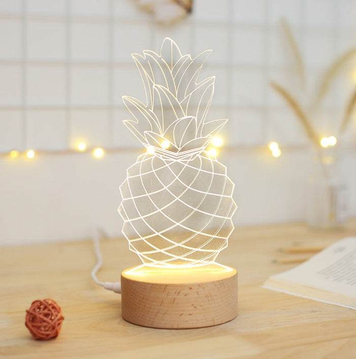 Wooden pineapple bedside lamp with USB dimmer switch and acrylic night light for bedroom decor