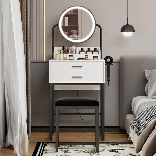 Small Vanity with Lighted Mirror& Drawers Mini Vanity for Bedroom | 3 Color Dimming Mirror, Compact Makeup Set with Table Storage, White Modern Dressing Table with Chair, 2 Drawers
