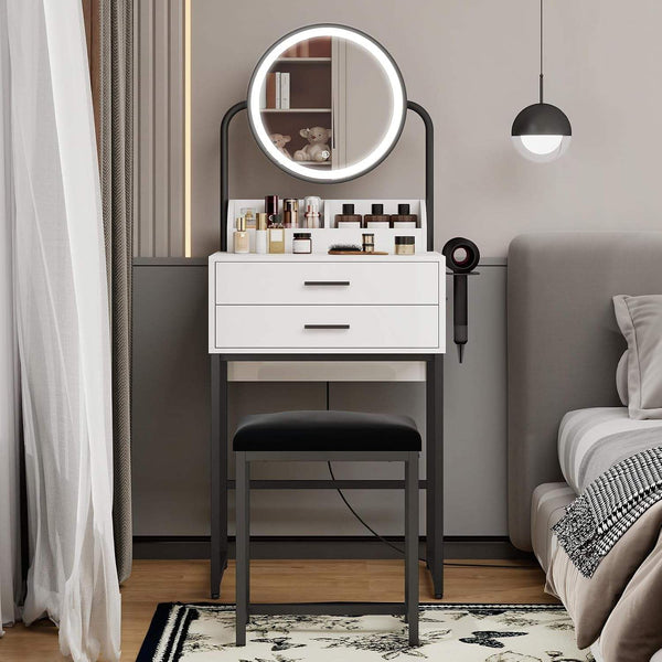 Small Vanity with Lighted Mirror& Drawers Mini Vanity for Bedroom | 3 Color Dimming Mirror, Compact Makeup Set with Table Storage, White Modern Dressing Table with Chair, 2 Drawers