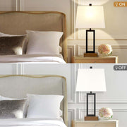 Table Lamp for Bedroom Set of 2 with 2 USB Ports and AC Power Outlet, 23.5" Modern Bedside Lamp, Wood Nightstand Lamp with Linen Shade for Living Room Hotel Desk(Led Bulb Included)