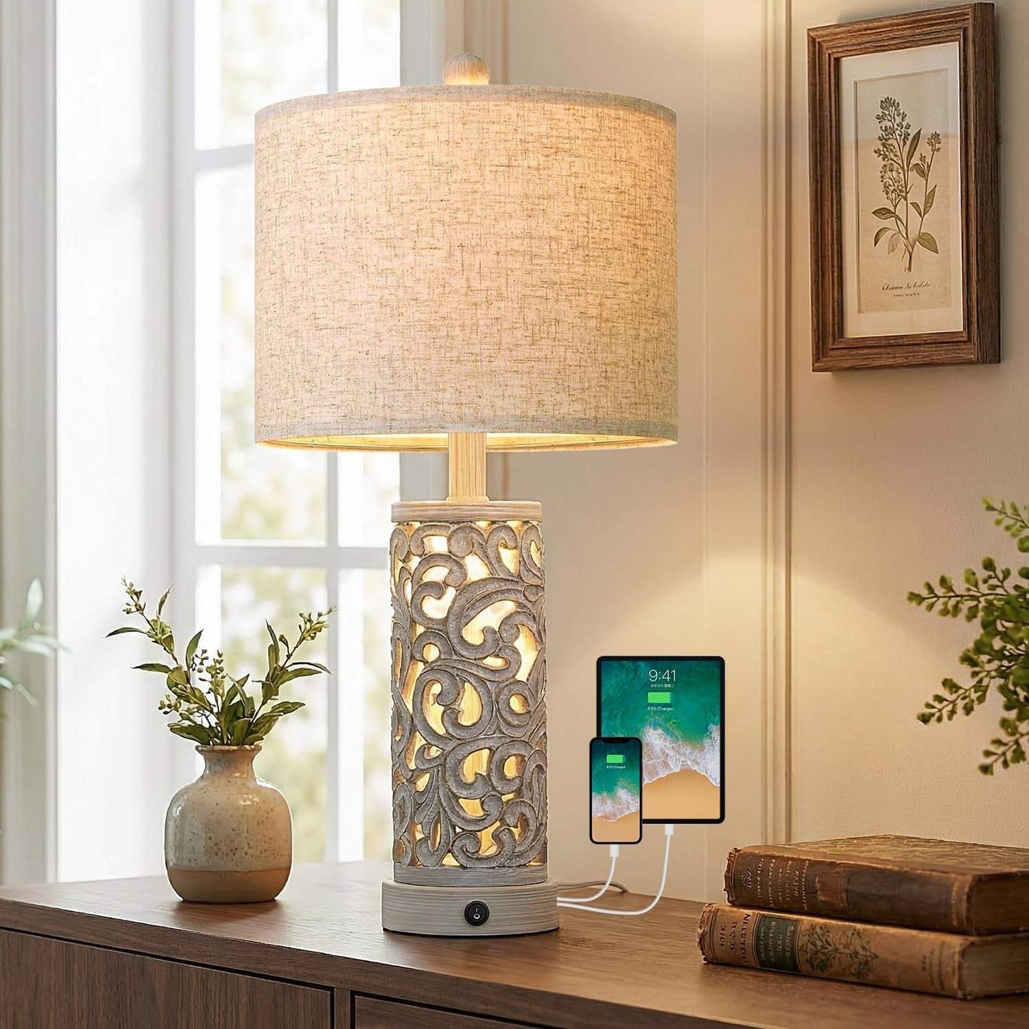 Farmhouse distressed grey table lamp with vintage design and dual USB ports on bedside table