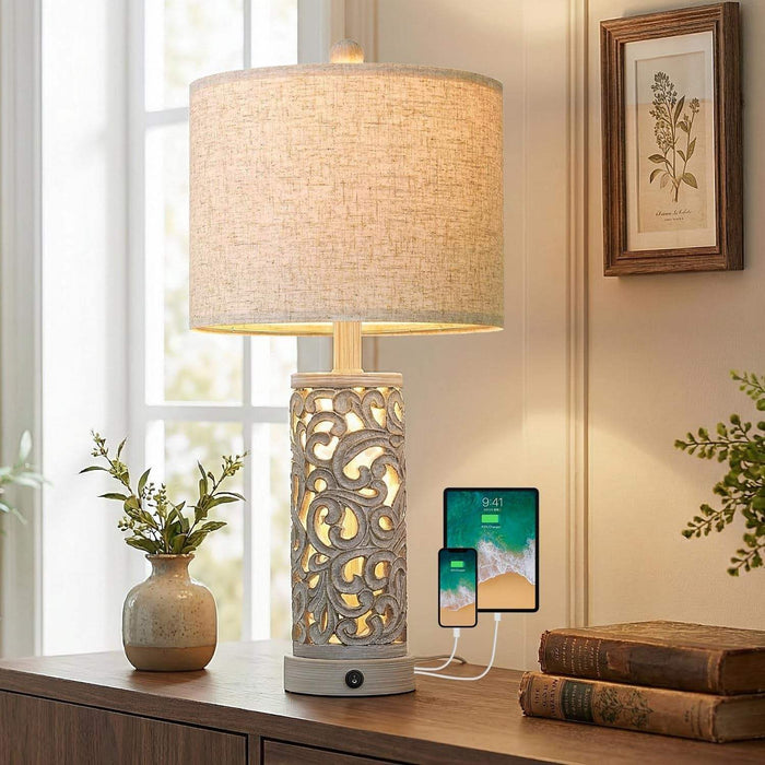 Farmhouse distressed grey table lamp with vintage design and dual USB ports on bedside table