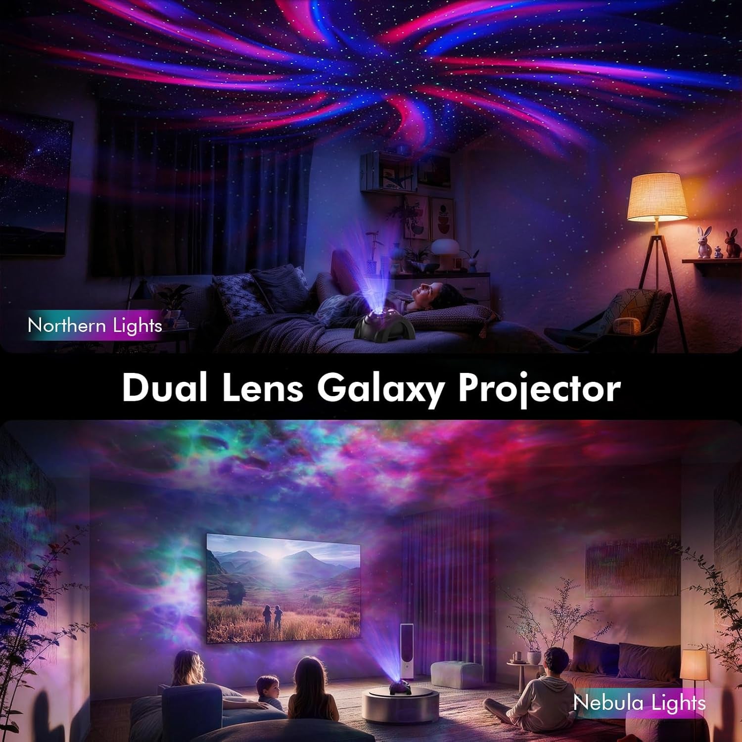 Dual Lens Galaxy Projector, Star Projector for Bedroom with 58 Light Effects, Night Light Projector with White Noise & Bluetooth Speaker, Remote Timer, Room Decor Gift for Kids Adults Teens